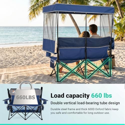 Overmont Camping Chair with Canopy- Folding Double Loveseat Chair with Adjust...