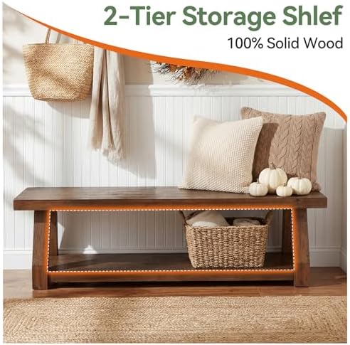 63" Solid Wood Bench, 2-Tier Entryway Bench with Shoe Storage, Rustic Ha...