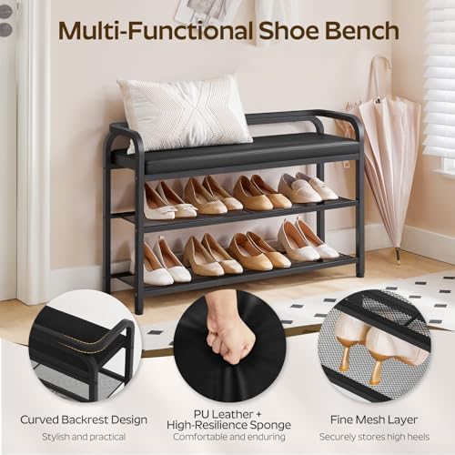 YATINEY Shoe Bench with Backrest, 35.4" Long Entryway Bench, 2-Tier Shoe...