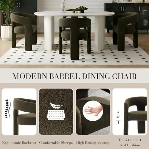 Modern Sherpa Barrel Dining Chair Upholstered Faux Fur Dining Room Chair with...