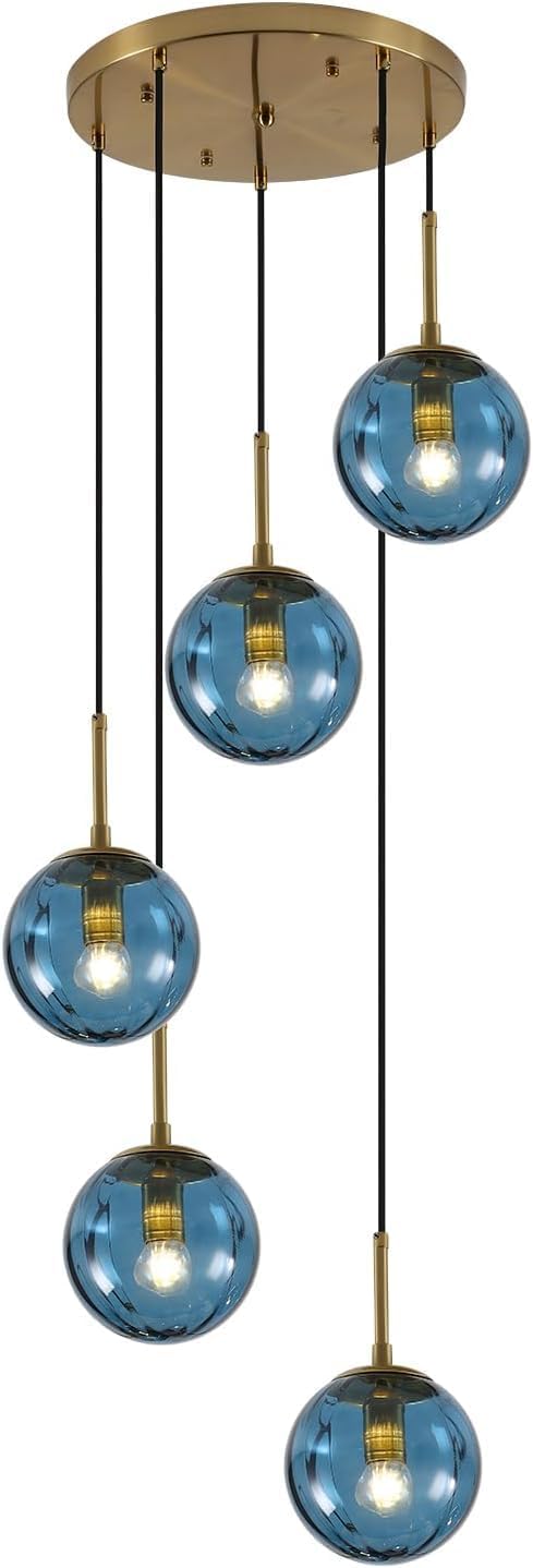 KCO Modern 5-Light Blue Ribbed Glass Globe Cluster Pendant Light Fixture