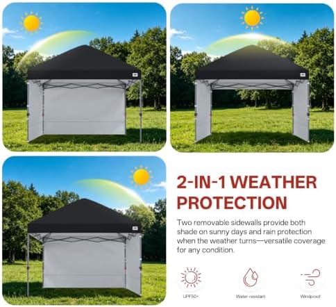 ABCCANOPY 10x10 Pop Up Canopy Tent, 2 Sidewalls, All-Weather Shade, Black