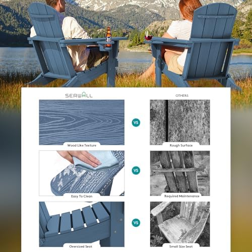 SERWALL Outdoor Adirondack Chair Set of 2 with 2 Cup Holders,Foldable,Blue