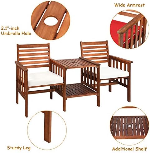 Tangkula Acacia Wood Loveseat, 3pcs Outdoor Table Chairs Set, Patio Conversat...