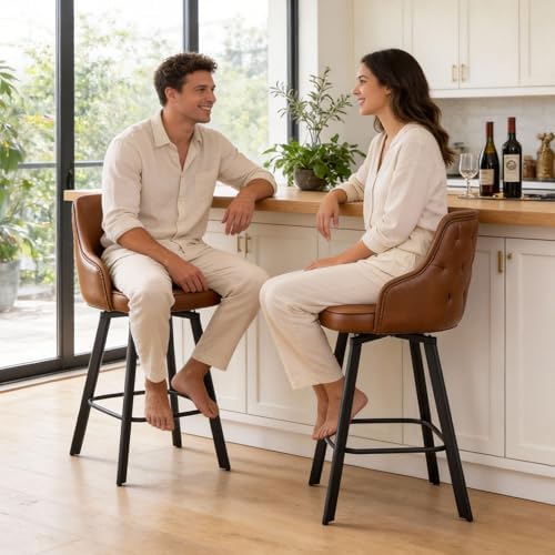 Counter Height Bar Stools Set of 2 with Back, 26" Faux Leather Swivel Chair