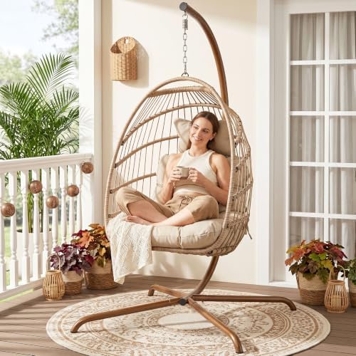 NICESOUL Hanging Egg Chair with Stand Indoor Outdoor, Comfy Patio Rattan Swin...