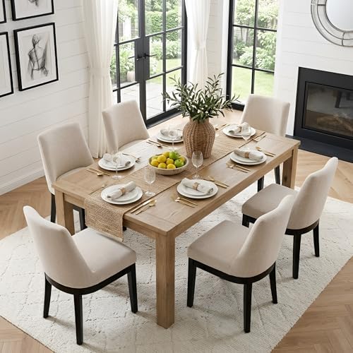 HNY Beige Linen Dining Chairs Set of 6, Soft Upholstered Dining Room Chairs