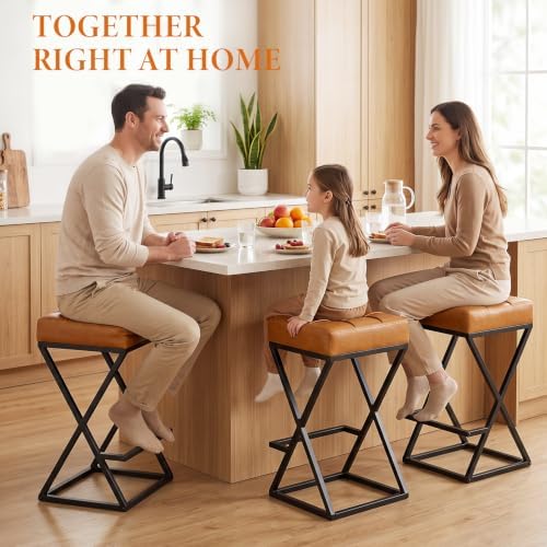 Bar Stools Set of 3, 26 Inch Counter Height Stool Faux Leather Brown