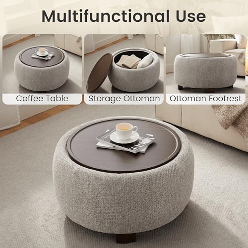 VKNOW 30 Inch Fabric Round Storage Ottoman with Wood Lift-Off Lid, Brown