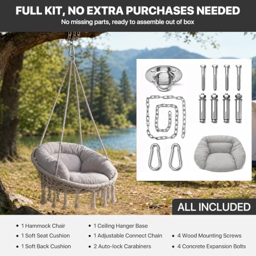Athena Collection Hammock Chair with Hardware Kit & & Cozy Cushion, Gray