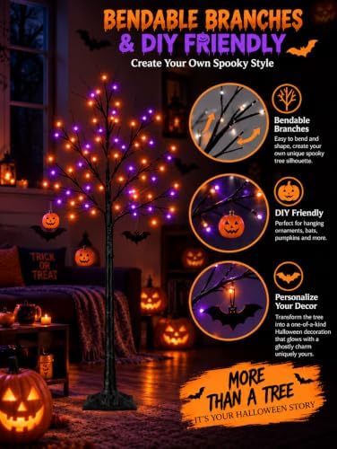 Black Halloween Tree with Purple and Orange Lights, 3Pack 4/5/6FT 300LED