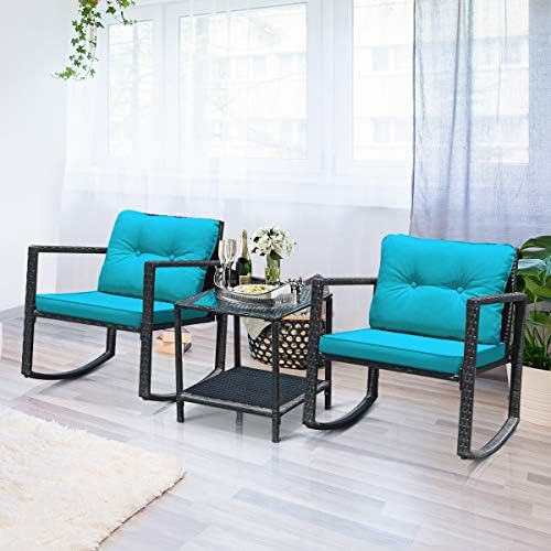 Tangkula 3 Pieces Patio Wicker Rocking Bistro Set, Outdoor Rocking Chair Furn...