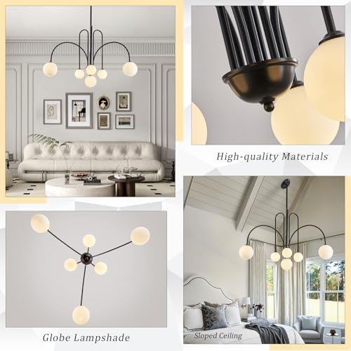 CATINER Modern 40" 6-Light Black Sputnik Chandelier with Milk Glass Globe