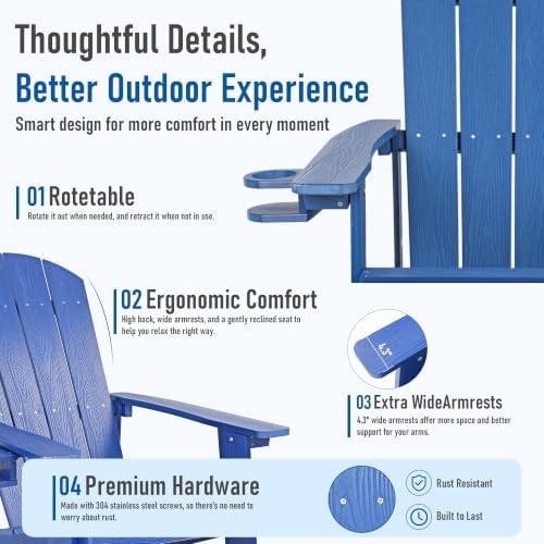 Adirondack Chairs Set of 2, Outdoor Adirondack Chair with Cup Holder, HDPE Pa...