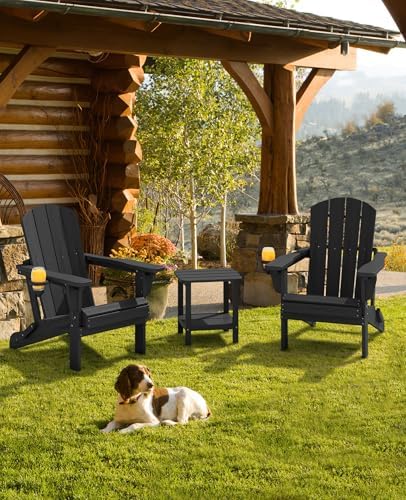 SERWALL Folding Adjustable Adirondack Chairs Set of 2, Cup Holders, Black