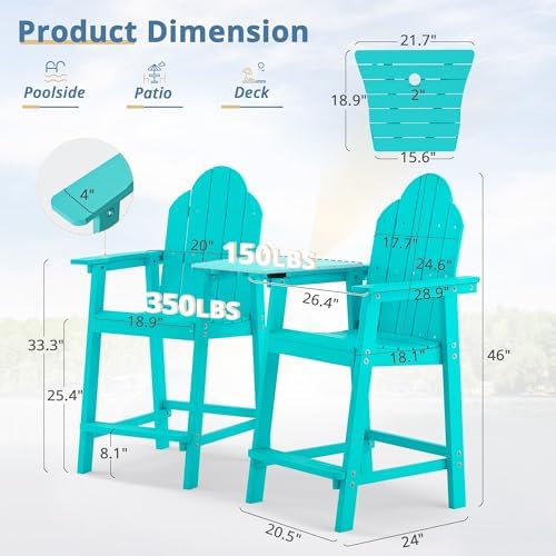 LUE BONA Tall Adirondack Chair Set of 2, HDPS Bar Height Chairs, Aruba Blue