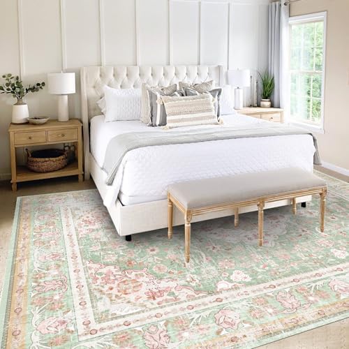 Vhong Washable Area Rugs Boho Vintage Modern Neutral Large Carpet Green and P...