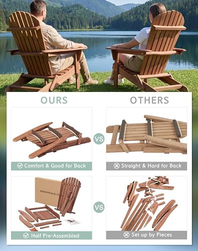 Wooden Folding Adirondack Chair Set of 4, Half Pre-Assembled Wood Lounge Chai...