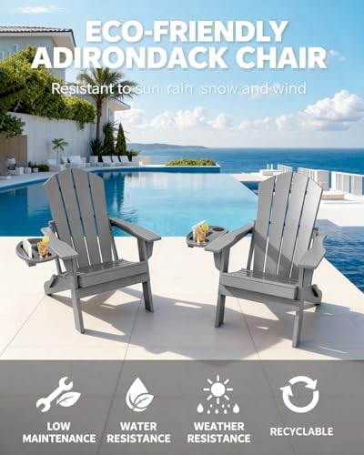 NAVINE Folding Adirondack Chairs Set of 4 with 4-in-1 Cup Holder, Grey