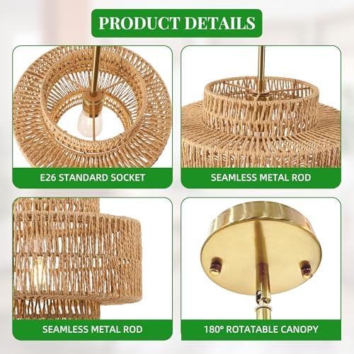 Phaosio 12.4" Boho Rattan Chandelier Hand Woven Rattan Pendant Light