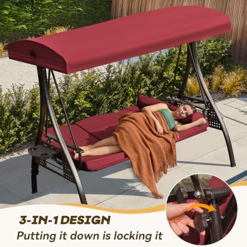 3 in 1 Outdoor Porch Swing with Adjustable Canopy, 3 Seat Outdoor Swing for A...
