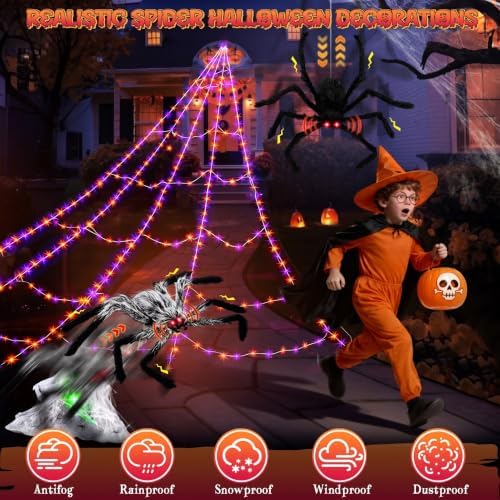 Halloween Spider Web Lights Decor+2 Animatronic 34'' Jumping Spider, ...