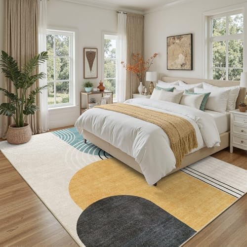 DCX Abstract Washable 6x9 Rug, Non Slip Low Pile Rug, Blue & Yellow