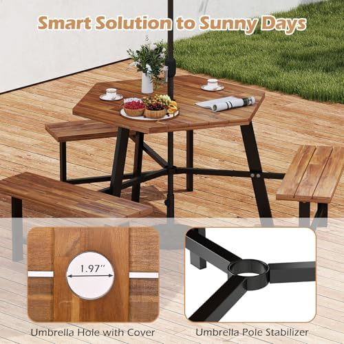 GIANTEX Picnic Table Bench Set for 6, Acacia Wood Outdoor Dining Table Set wi...