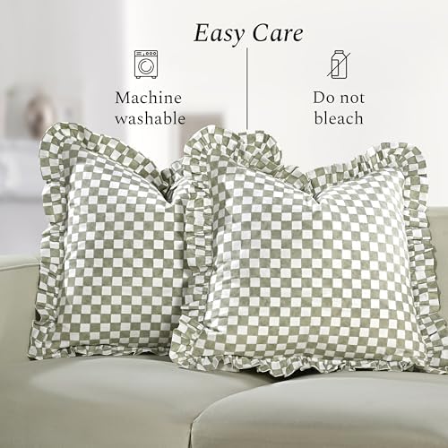 CPC Sage Gingham Print Ruffle Throw Pillow Cover 18x18 Inch, Pack of 2