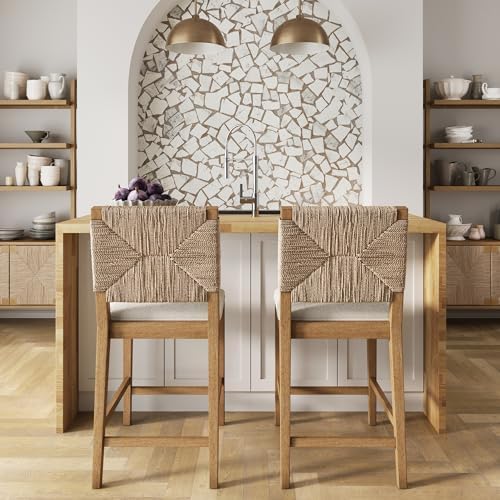 Nathan James Beacon Bohemian Boucle Bar Stool, Upholstered Counter Height Cha...