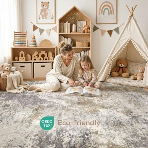Nakagishi 10X14 Abstract Washable Area Rugs for Living Room-Brown Grey