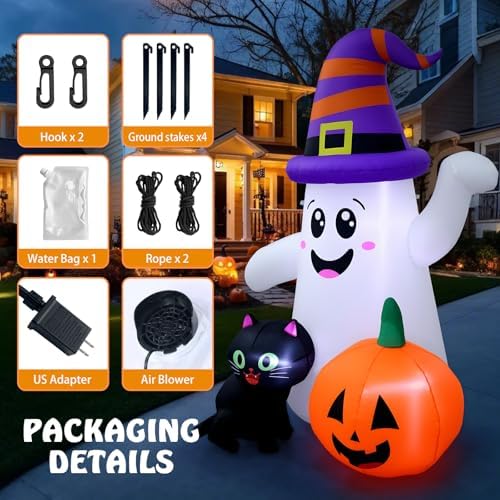 5 FT Halloween Inflatables, Cute Ghost with Pumpkin Black Cat Blow Up