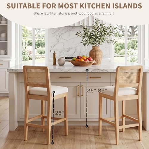 HNY Rattan Counter Bar Stools Set of 4, Farmhouse Bar Stools with Back and Wo...