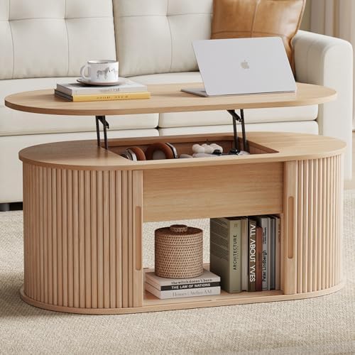 LINSY Lift Top Coffee Table, Oval Fluted Coffee Table with Storage, Boho Wood...