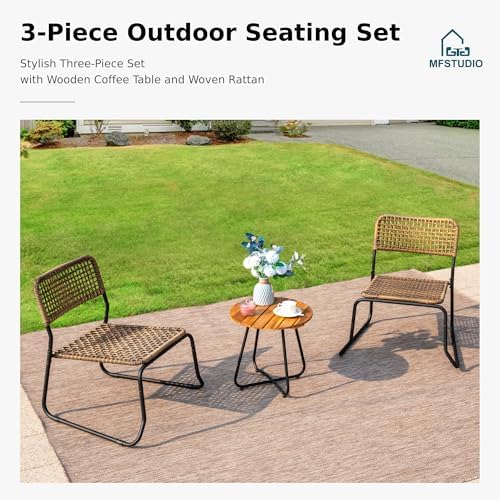 MFSTUDIO 3 Piece Wood and Rattan Patio Bistro Set, Yellow-Brown