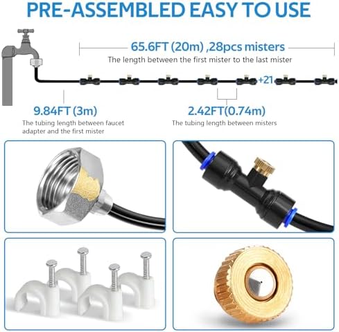 homenote Misting Cooling System 75FT(23M) Pre-Assembled Kit with 28 Brass Noz...