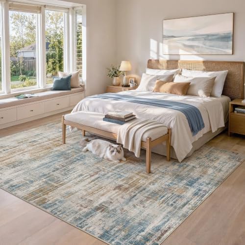 UERMEI 9x12 Area Rug for Living Room Washable Abstract Blue Brown Carpet