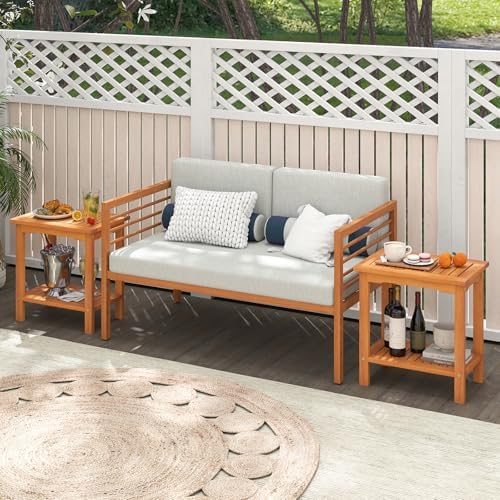Tangkula Outdoor Side Table, 2-Tier Patio End Table with Slatted Tabletop &am...