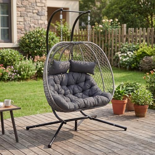 Double Egg Chair with Stand for 2 Persons, Oversized Patio Hanging Basket Cha...