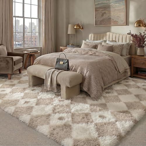 PureCozy Beige 6x9 Area Rug for Living Room Soft Checkered Shag Carpet