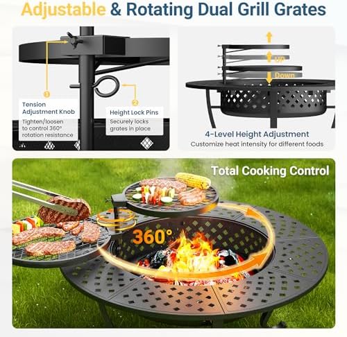 43" Large Fire Pit for Outside with 2 Adjustable Grills,Lid & Fire P...