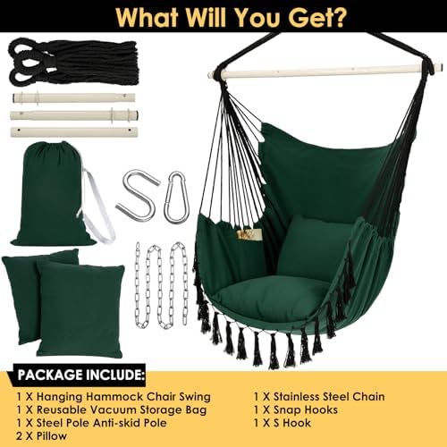 Y- STOP Hammock Chair Hanging Rope Swing, Max 500 Lbs, 2 Cushions Included, L...