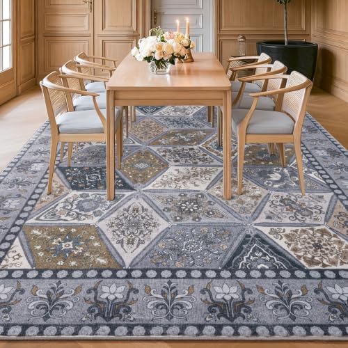 Vintage Washable Living Room Carpet 9x12, Moroccan Patchwork Rug, Dark Grey