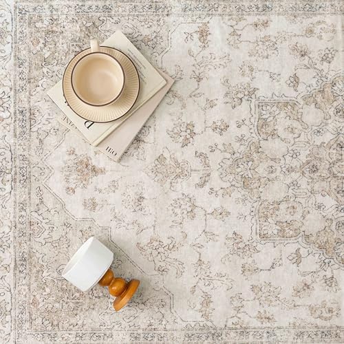 PureCozy Beige 9x12 Washable Area Rug Vintage Oriental Medallion Carpet