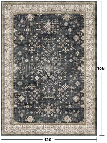 Boho Black Rug for Living Room - Washable 10x14 Area Rug, Dining Room Rugs fo...