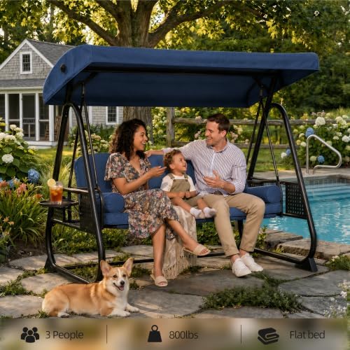 3 Seat Patio Swing Chair with Canopy,Outdoor Porch Swing with Thick Cushions,...