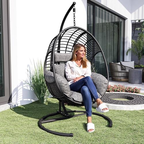 Hanging Egg Chair with Stand - Egg Swing Chair Outdoor Indoor Patio Wicker Ch...