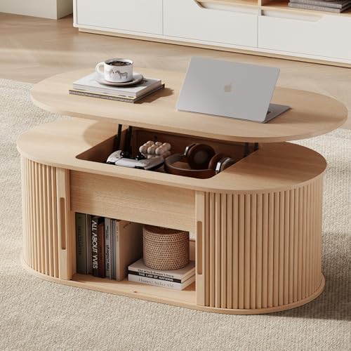 LINSY Lift Top Coffee Table, Oval Fluted Coffee Table with Storage, Boho Wood...