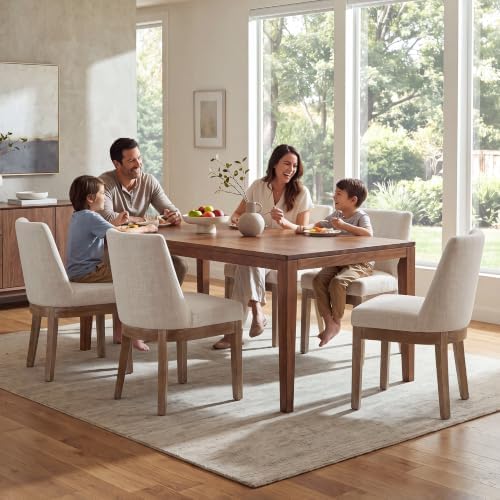 HNY Beige Linen Fabric Dining Chairs Set of 2 with Comfortable Back Support