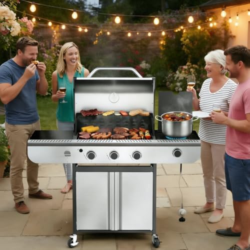 3-Burner Propane Gas Grill with Side Burner, 34,000 BTU Stainless Steel BBQ G...